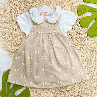  Conj. Body Gola Bordada e Salopete Lacinhos - Off White e Areia